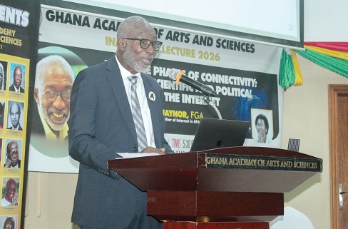 Dr Nii Narku Quaynor (inset), a Computer Scientist, delivering the lecture. Picture: ERNEST KODZI