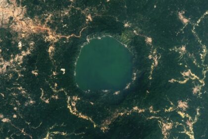See sparkling new satellite images showing the golden glow surrounding Lake Bosmut - Earth from space