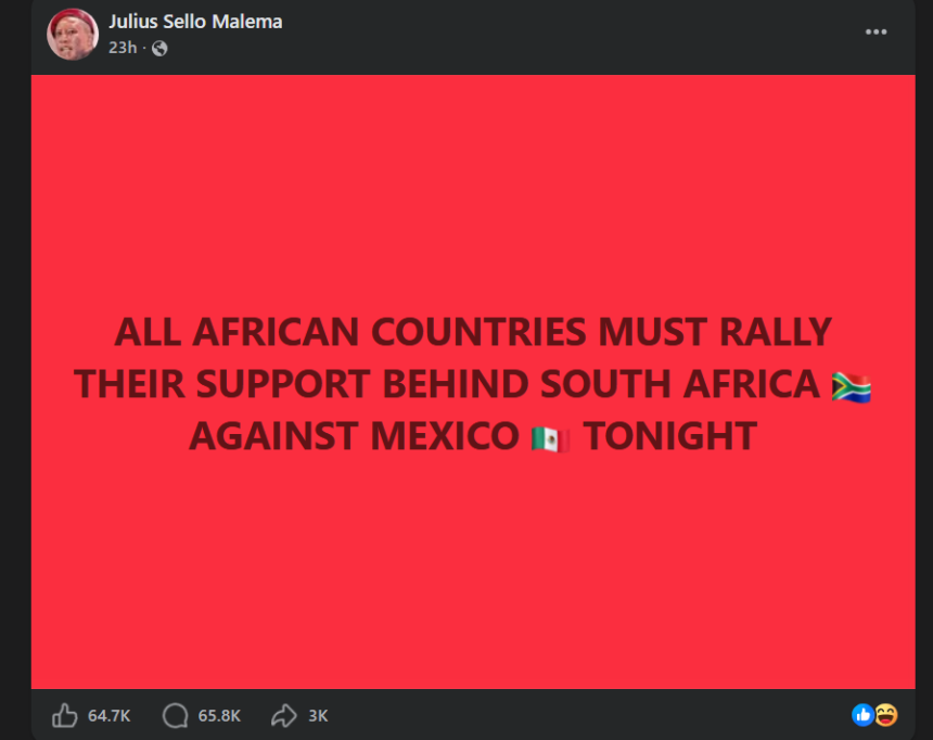 2026 World Cup: Julius Malema 'jumps' behind Bafana Bafana on African rally